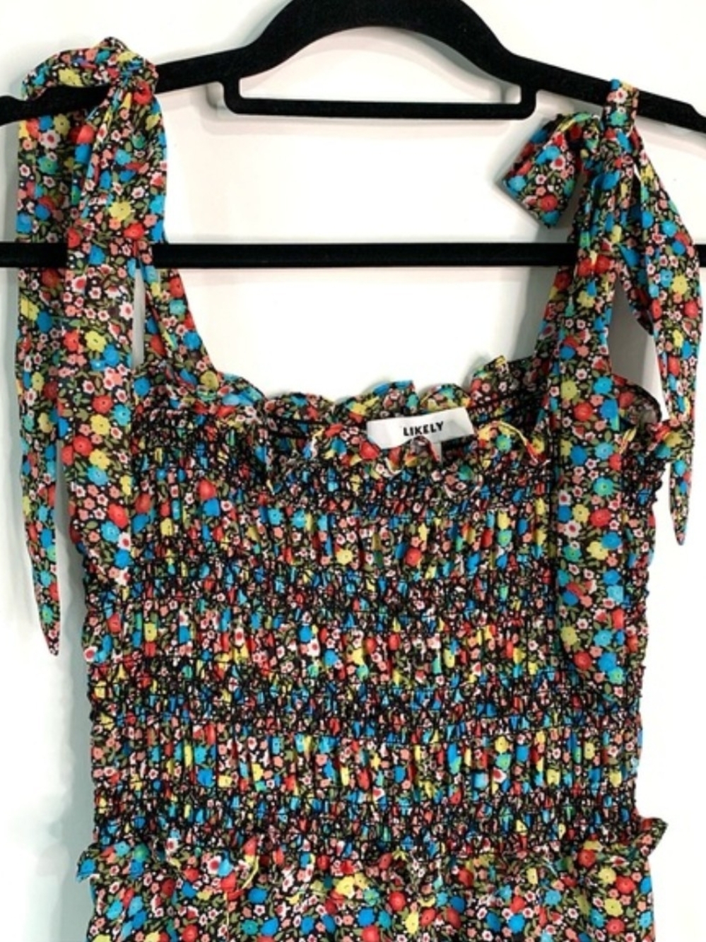 LIKELY Floral Shirred Tie-Shoulder Kids Dress in Black Multi-Color